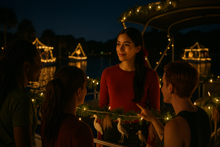 Nia shares news at the Christmas boat parade. 