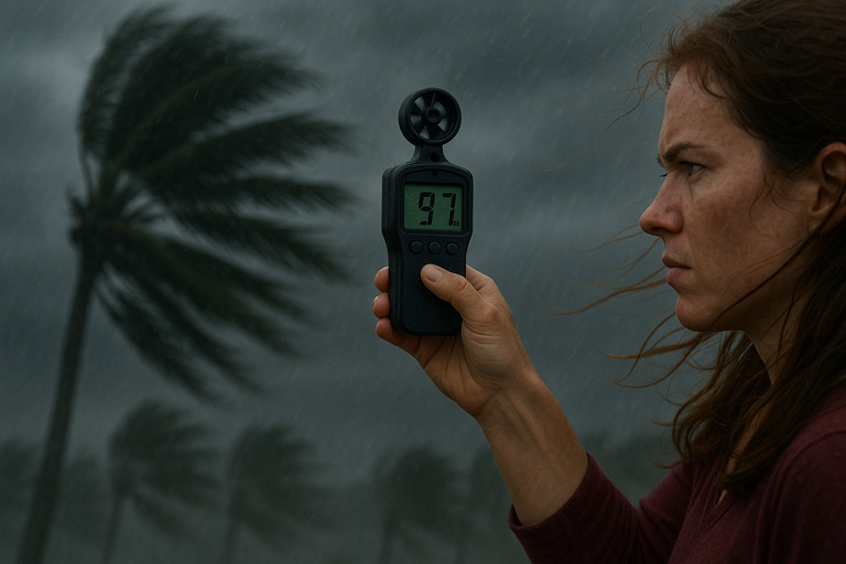 Kim records the wind speed in the eye wall of the hurricane
